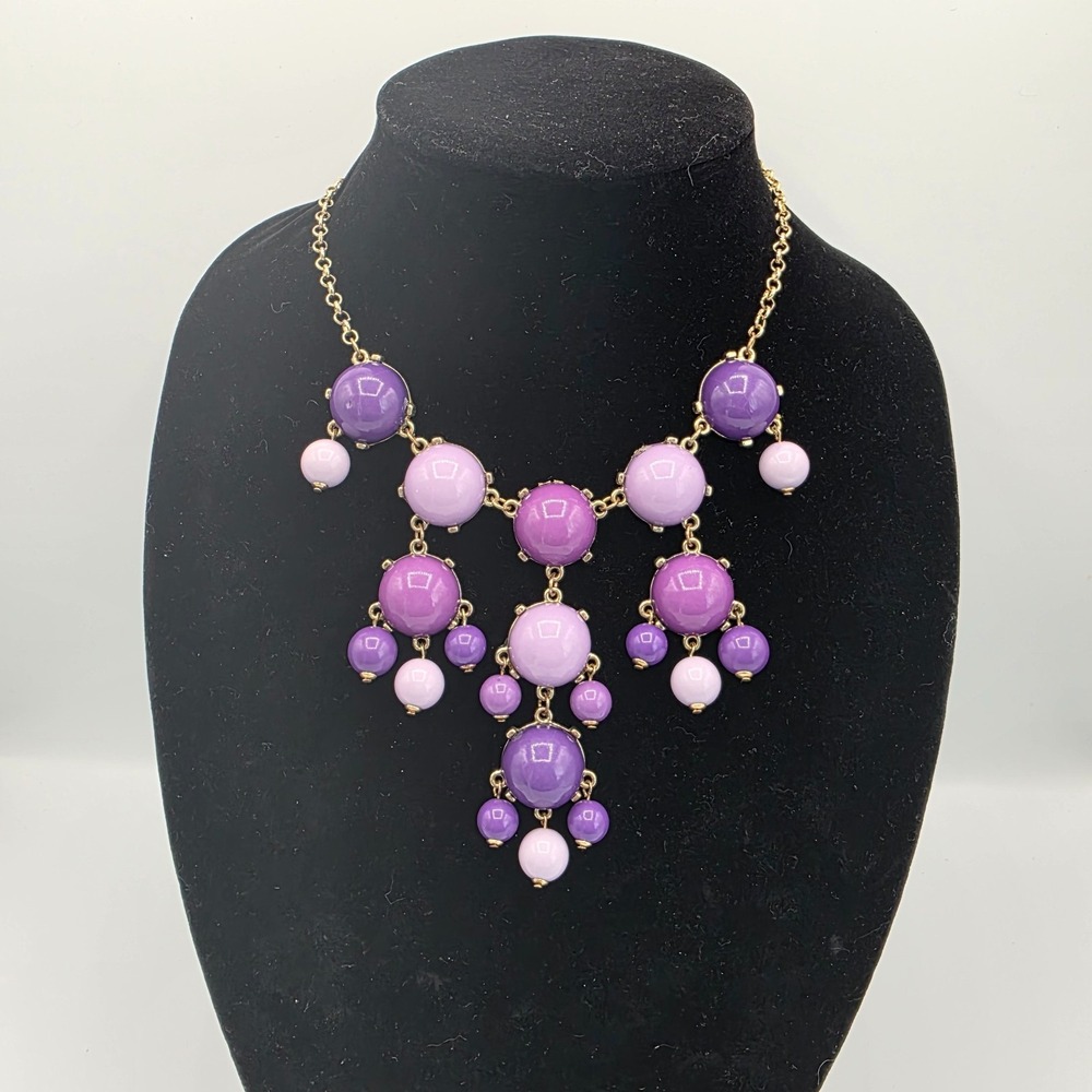Womens Bib Statement Necklace Gold Tone‎ Purple Chic 80s Retro 27" Indie